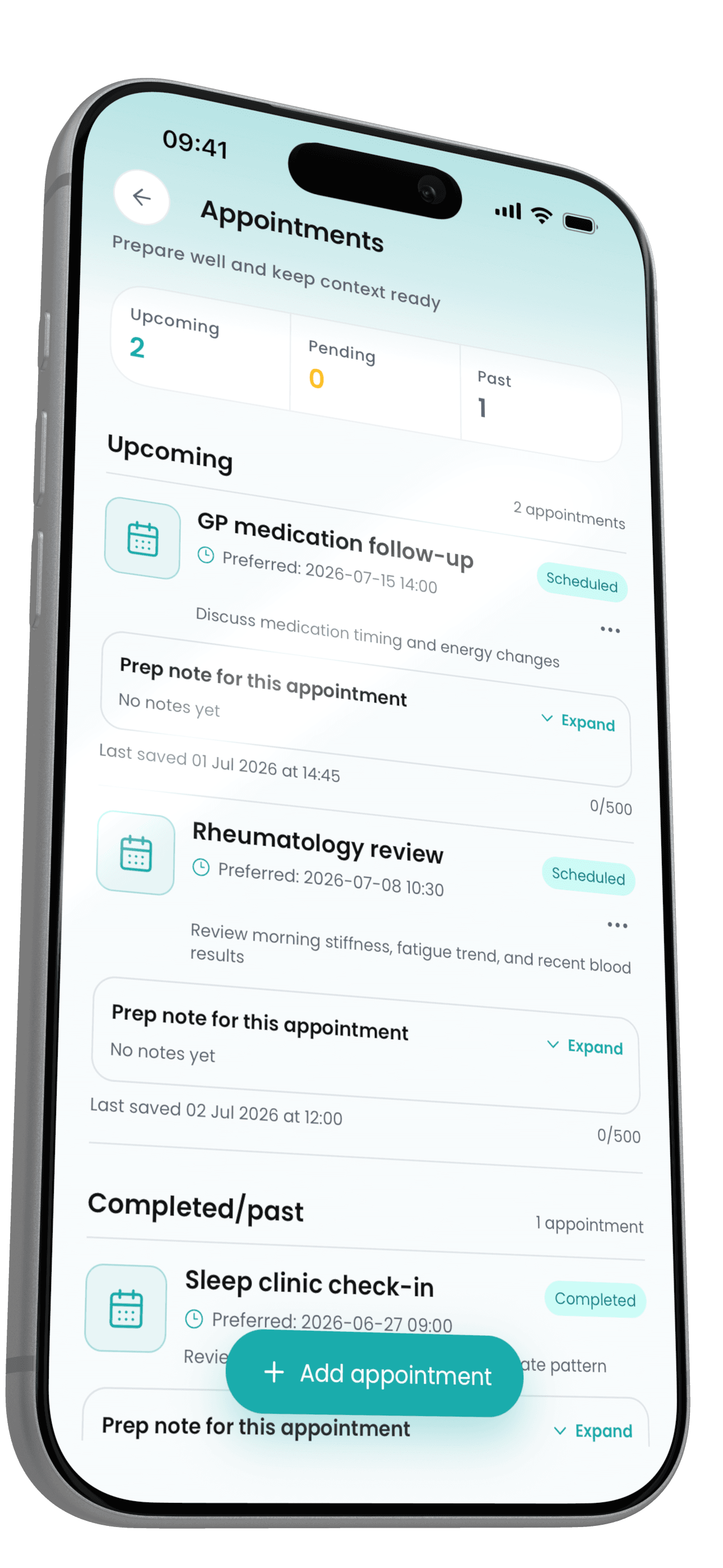 Zivala appointment preparation screen
